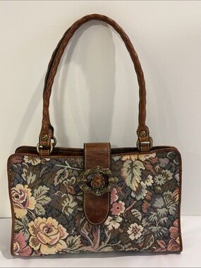 Patricia Nash Verdura Bosque satchel purse floral tapestry & brown leather sides